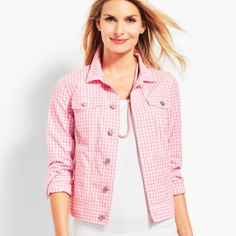 Talbots M Pink White Gingham Denim Jakcet